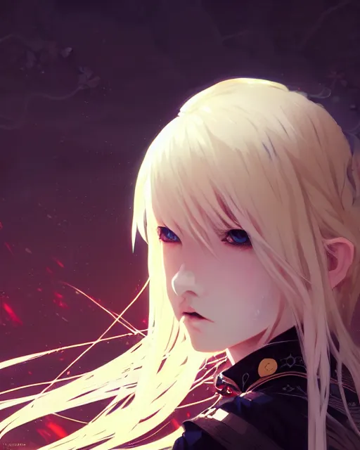 Image similar to blonde haired gothic magical girl anime character screenshot, anime, intricate, sharp focus, illustration, highly detailed, digital painting, clean artstyle, concept art, matte, art by ilya kuvshinov and ruan jia and greg rutkowski, masterpiece