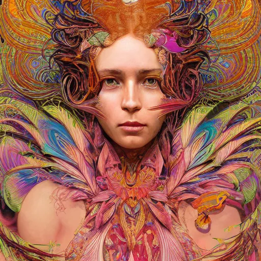 Image similar to A reality bending psychedelic ayahuasca experience, colorful, distorted, surreal, tropical bird feathers, dramatic lighting on the face, intricate lace, elegant fabric, highly detailed, digital painting, concept art, smooth, sharp focus, illustration, art by Krenz Cushart and Wayne Barlowe and alphonse mucha