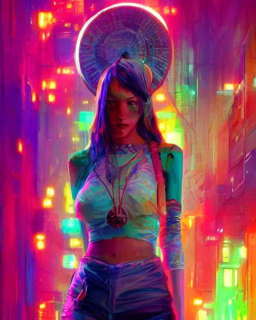 Image similar to colorful full body portrait of a hippie, set in the future 2 1 5 0 | highly detailed | very intricate | symmetrical | professional model | cinematic lighting | award - winning | painted by mandy jurgens and ross tran | pan futurism, dystopian, bold psychedelic colors, cyberpunk, groovy vibe, anime aesthestic | featured on artstation