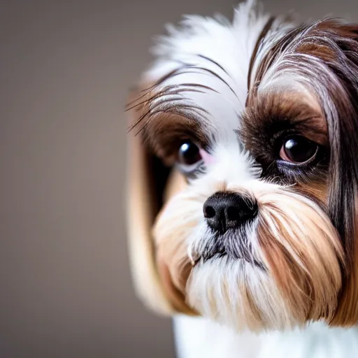 Prompt: shih tzu with brown fur, stands proudly, photography, 8 k, macro lens