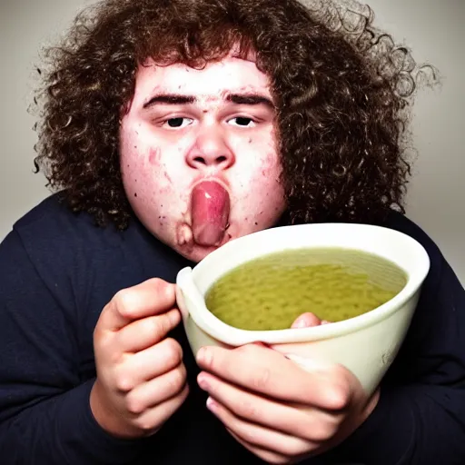 Image similar to flash photography of chubby 18 year old teenage boy with long curly brown hair puking. He is covered in soup. Disgusting horrible mess