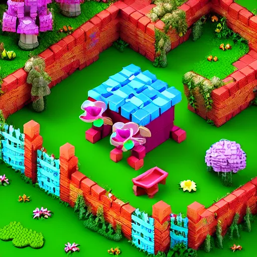 Image similar to 3D isometric cubic cute fairy garden, isometric voxel, 3D