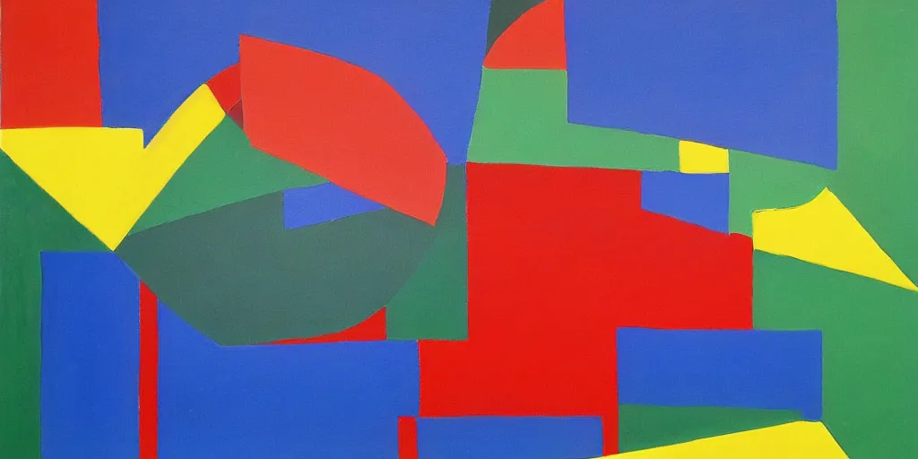Prompt: minimalist painting of bold coloured shapes, matte, in style of Kazimir Malevich