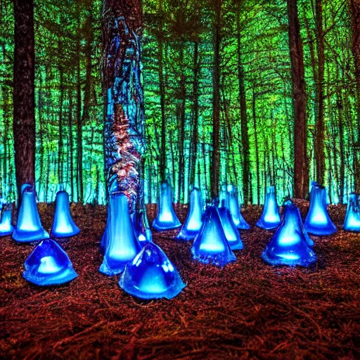 Prompt: blue glowing jello mushrooms in a mystical forest, firefly exposure trails in foreground, high detail