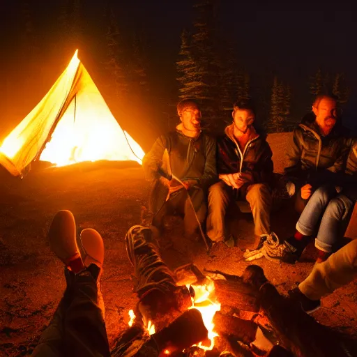 Prompt: tourists around campfire at night hyperrealisic low angle wide trending on artstation wallpaper