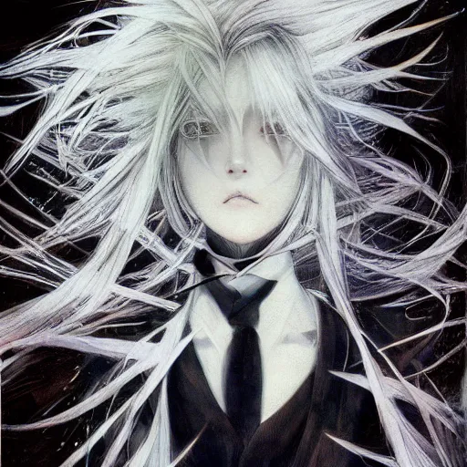 Image similar to Yoshitaka Amano realistic illustration of an anime girl with white hair and cracks on her face wearing dress suit with tie fluttering in the wind, abstract black and white patterns on the background, noisy film grain effect, highly detailed, Renaissance oil painting, weird portrait angle