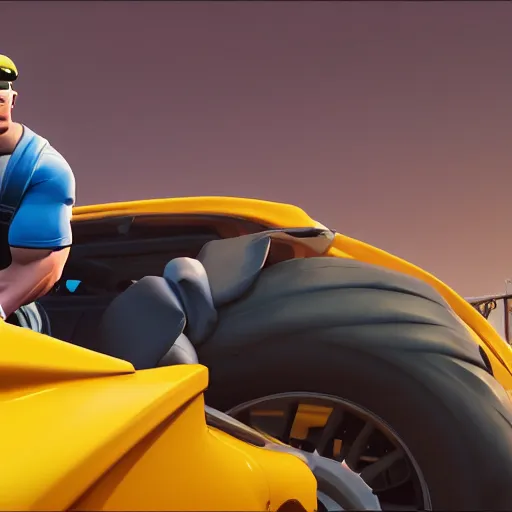 Prompt: fat john cena driving a car with really big tires, fortnite screenshot. 8k, 4k.