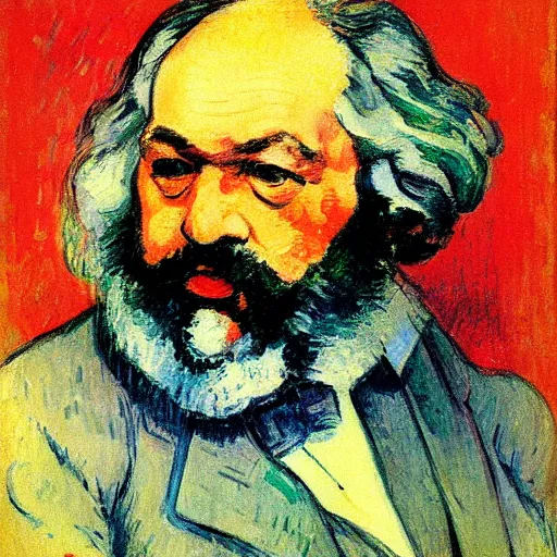 Prompt: beautiful post - impressionist painting portrait of karl marx by, henri de toulouse - lautrec, camille pissarro, paul cezanne, henri rousseau, vincent van gogh, henri - edmond