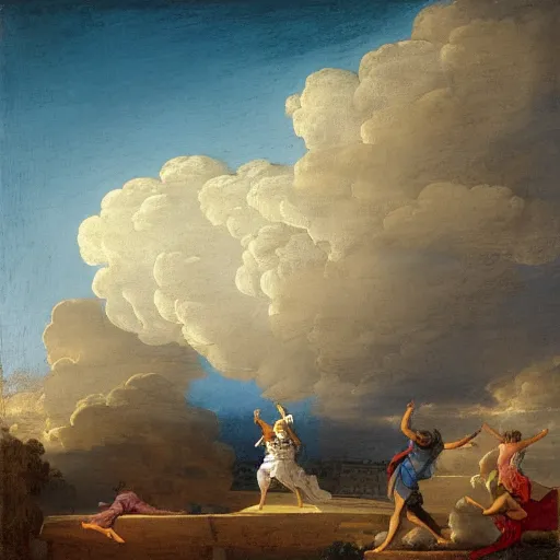 Image similar to egyptian man with long curly hair skydiving, giovanni paolo panini, versailles, jose miguel roman frances, dreamy clouds, pastel colors