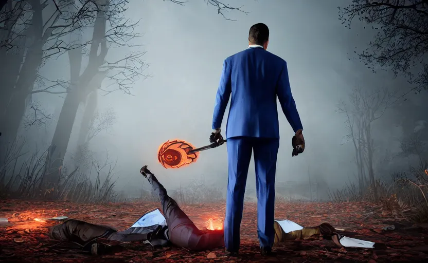 Image similar to cinematic view from behind a dead by daylight killer lawyer wearing a blue business suit, character portrait, digital art