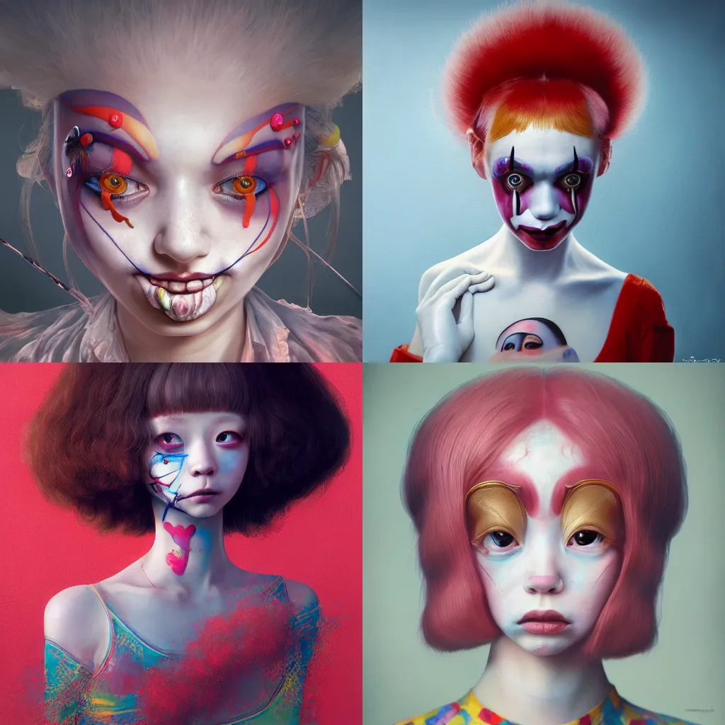 Image similar to breathtaking detailed painting of clown girl , with anxious, piercing eyes, Atari game cover art by Hsiao-Ron Cheng, James jean, Miho Hirano, Hayao Miyazaki, extremely moody lighting, hyperrealistic, octane render, RPG portrait, ambient light, dynamic lighting