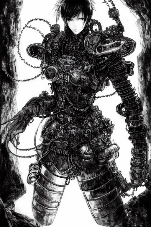 Prompt: a vertical portrait of a character in a scenic environment by Yoshitaka Amano and Nihei Tsutomu, black and white, dreamy, steampunk armor, black hair, highly detailed