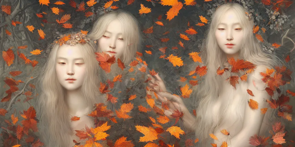 Image similar to breathtaking detailed concept art painting pattern of blonde faces goddesses amalgamation autumn leaves with anxious piercing eyes and blend of flowers and birds, by hsiao - ron cheng and john james audubon, bizarre compositions, exquisite detail, extremely moody lighting, 8 k