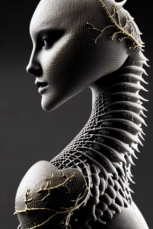 Image similar to bw contrasted close - up profile face, black background, beautiful young porcelain vegetal - dragon - cyborg - female, 1 5 0 mm, beautiful natural soft rim light, silver gold details, magnolia leaves and stems, roots, mandelbot fractal, elegant, ultra detailed, white metallic armour, octane render, h. r. giger style