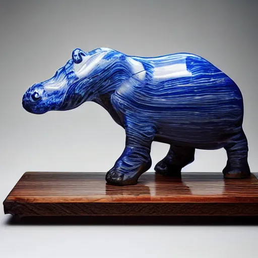 Prompt: award - winning photo, full subject shown in photo, dramatic lighting, wood, epoxy resin, studio zeiss 1 5 0 mm f 2. 8 hasselblad, a photo of a model hippo made of repurposed elm wood composite mixed with straight lines blue epoxy resin