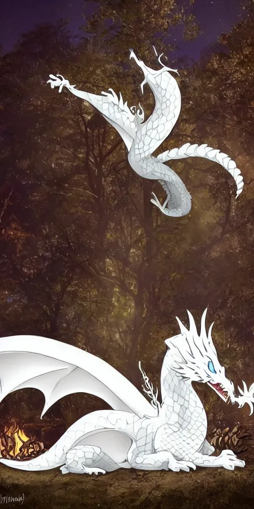Prompt: A white dragon in the woods at nigth resting in front a camp fire, the dragon has blue eyes and is based on the european myths