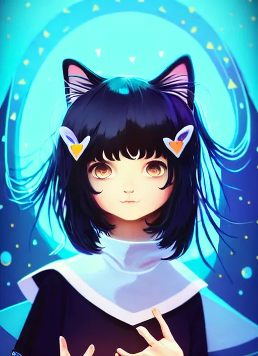 Prompt: close up picture of a cute black hair cat girl with ribbons and cool big giants colossus knight companions with her, crossing the blue horizon, beautiful and aesthetic, highly detailed face, intricate, smooth, sharp focus, trending on artstation, art by ilya kuvshinov and anato finnstark and rembrandt and quentin mabille, fantasy illustration, epic light novel cover art