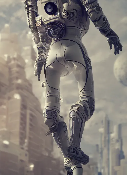 Image similar to A futuristic astronaut, artistic pose, cinematic shot, intricate, ornate, photorealistic, ultra detailed, realistic, 100mm, photography, octane, high definition, depth of field, bokeh, 8k, artstation