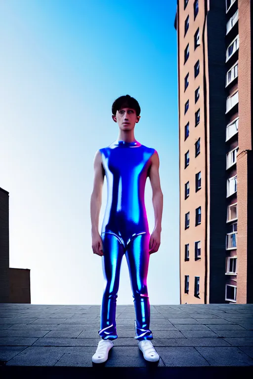 Image similar to un ultra high definition studio quality photographic art portrait of a young man standing on the rooftop of a british apartment building wearing soft baggy inflatable padded silver iridescent pearlescent clothing. three point light. extremely detailed. golden ratio, ray tracing, volumetric light, shallow depth of field. set dressed.