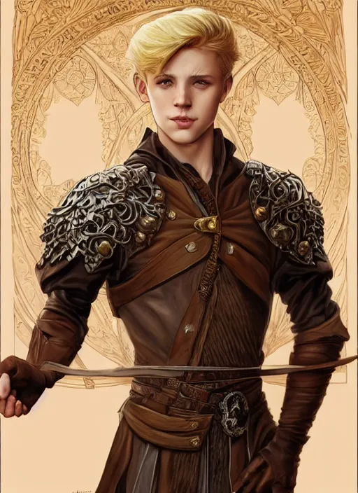 Image similar to an epic fantasy comic book style full body portrait painting of a young blonde boy who is over confident, wearing plain brown leather thief clothes, d & d, fantasy, intricate, elegant, highly detailed, digital painting, artstation, concept art, matte, sharp focus, illustration, art by artgerm and greg rutkowski and alphonse mucha