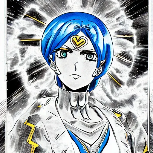 Image similar to a jojo's bizarre adventure manga artstyle drawing : Marie the mother of Jesus dressing blue and yellow next to the pyramids