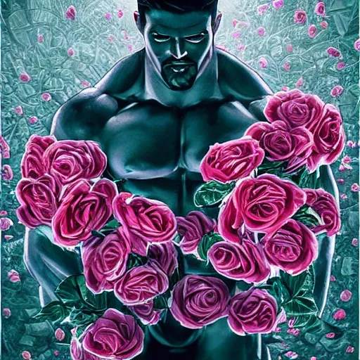 Image similar to handsome portrait of a spartan guy bodybuilder posing, surrounded by roses, intricate details, trending on artstation, sharp focus, caustics, radiant light, translucence, style of vento aureo cover art, style of stone ocean cover art, style of steel ball run cover art, ilya kuvishinov style, illustrated by hirohhiko araki