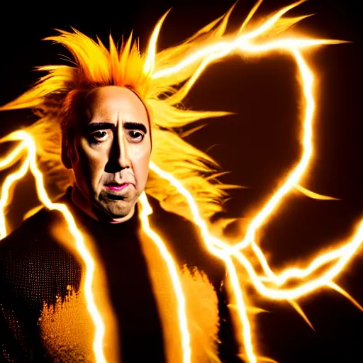 Image similar to uhd candid photo of cosmic nicholas cage impersonator as a super sayian powering up, glowing, global illumination, studio lighting, radiant light, hyperdetailed, correct face, elaborate intricate costume. photo by annie leibowitz