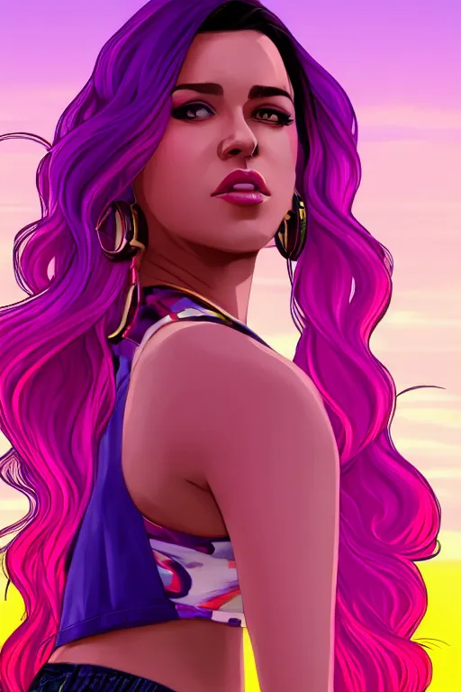 Image similar to a stunning GTA V loading screen with a beautiful woman with ombre purple pink hairstyle, hair blowing in the wind, hoop earrings, sunset mood, outrun, vaporware, retro, digital art, trending on artstation