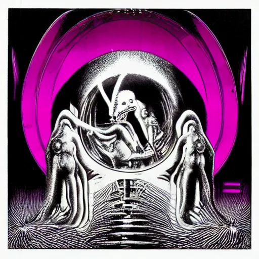 Image similar to post - punk new age album cover, magic, apocalypse, psychedelic, black white pink, magic, giger h. r.