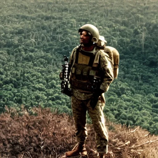 Image similar to cinematic shot of Elmo wearing 1960s U.S army combat armor and holding a rifle and sitting on the edge of a huey helicopter flying over a jungle, serious, epic,