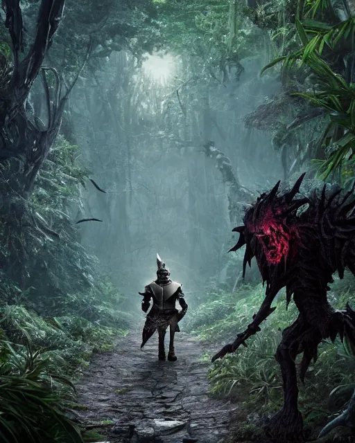 Image similar to a strong knight is walking towards a horrific monster in a densely overgrown, eerie jungle, fantasy, stopped in time, dreamlike light incidence, ultra realistic, award winning picture