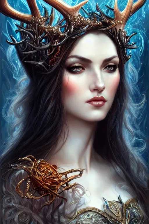 Image similar to a female sorceress with antlers by karol bak and vargas, beautiful detailed eyes, cute, fantasy, intricate, elegant, highly detailed, digital painting, 4 k, hdr, concept art, detailed jewelry, smooth, sharp focus, illustration, art by artgerm