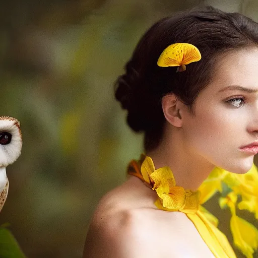 Prompt: head to shoulder film still of an elegant top model wearing a yellow kimono with a very detailed barn owl on her shoulder!!! in a tropical greenhouse. looking at the camera!!. super resolution. 85 mm f1.8 lens.bokeh. graflex. art by Alessio albi and ashley wood and Edmund Blair Leighton and John Singer Sargent! -