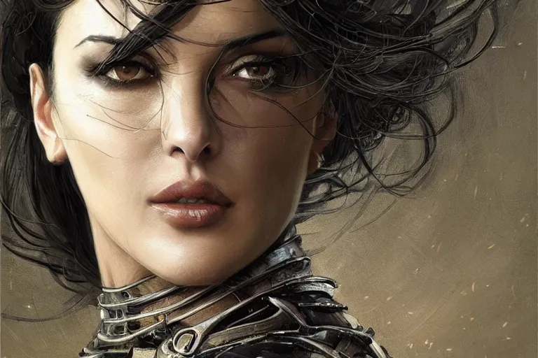 Image similar to a finely detailed portrait of Monica Bellucci, clothed in battle armor, olive skin, long dark hair, beautiful bone structure, symmetrical facial features, intricate, elegant, digital painting, trending on Artstation, concept art, smooth, sharp focus, illustration, from Metal Gear by Ruan Jia and Mandy Jurgens and Artgerm and and william-adolphe bouguerea, award winning