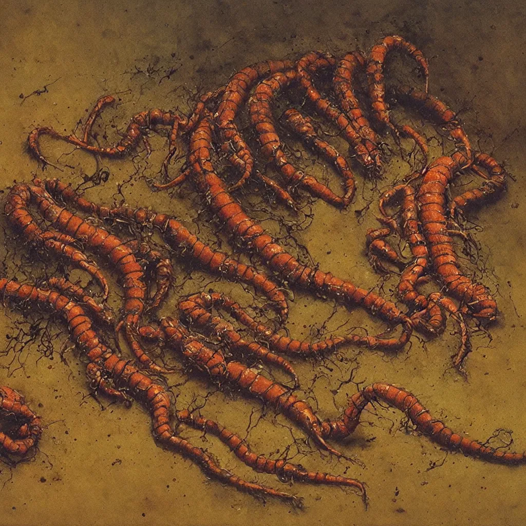 Prompt: rotten food, centipede, beksinski