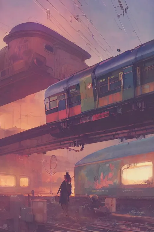 Image similar to trains covered in graffiti, greg rutkowski, and moebius and loish and artgerm, painterly, illustration, sunset lighting, beautiful artist rendering, gorgeous