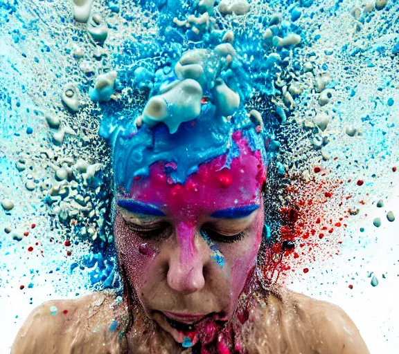 Image similar to underwater still shot of a closed eyed female head exploding into paint frottage and decalcomania and acrylic pour and coloured powder explosion and splashing paint and dripping paint and flying paint chunks, embossed paint, floating paint, moving paint, motion blur, hyperrealistic, intricate underwater art photography, hyperrealistic, anatomically correct, realistic crisp textures, 1 6 k,