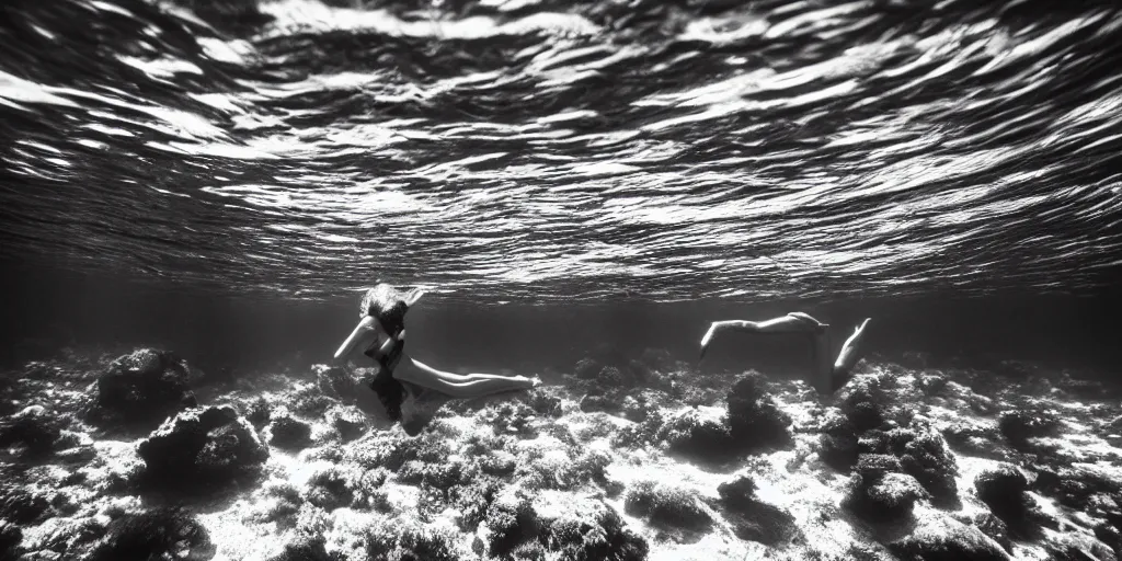 Prompt: wide angle view, underwater looking up, woman of color model swimming in large tall rock trench , toward the sun rays and caustics, film , cinematic, black and white underwater photography