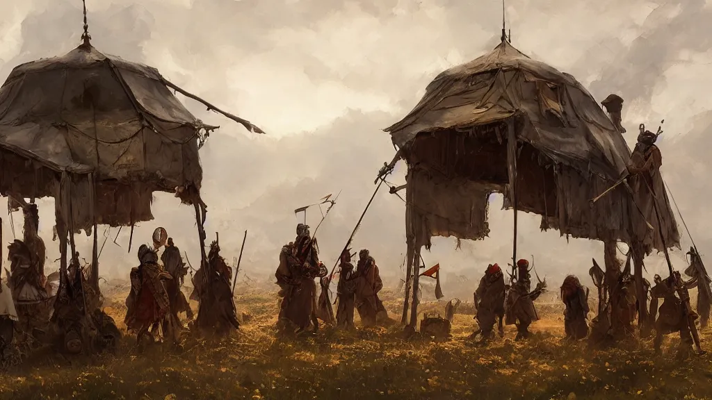 Prompt: armed group of turkic people talking inside of an ornate tent out in the steppes, papyrus, dark colors, watercolored, jakub rozalski, dieselpunk, artstation