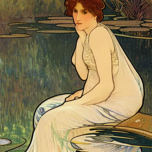 Image similar to A delicate painting of a pregnant woman sitting at a pond, by Alphonse Mucha, art nouveau, detailed, elegant