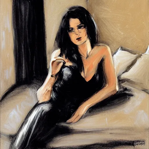 Image similar to Ground Level Shot of a dark haired woman wearing a black dress, on a bed. by fabian perez