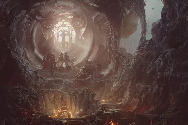 Prompt: painting of sacred ancient evil corrupted cursed portal to another dimension, demonic forces, concept art, intricate details, eerie, highly detailed, photorealistic, octane render, 8 k, unreal engine. art by artgerm and greg rutkowski and alphonse mucha