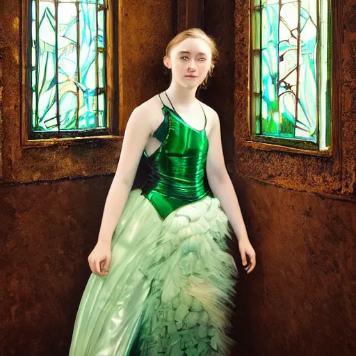 Prompt: well-lit studio portrait of 16-year old Saoirse Ronan wearing iridescent, green mother of pearl and malachite art nouveau style full body female mail armor by Steve McCurry and Alphonse Mucha