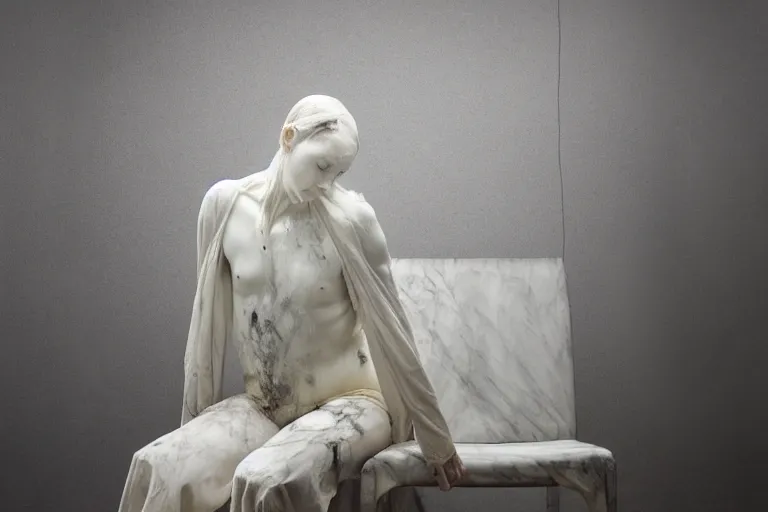 Image similar to a sculpture of a person sitting on a chair, a white marble sculpture covered with floating wax by nicola samori, behance, neo - expressionism, marble sculpture, apocalypse art, made of mist