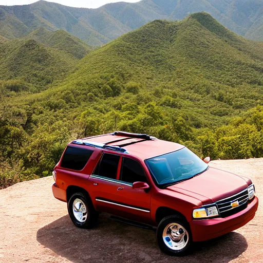 Image similar to a 2 0 0 3 chevy tahoe, parked at the top of a mountain in mexico, photography