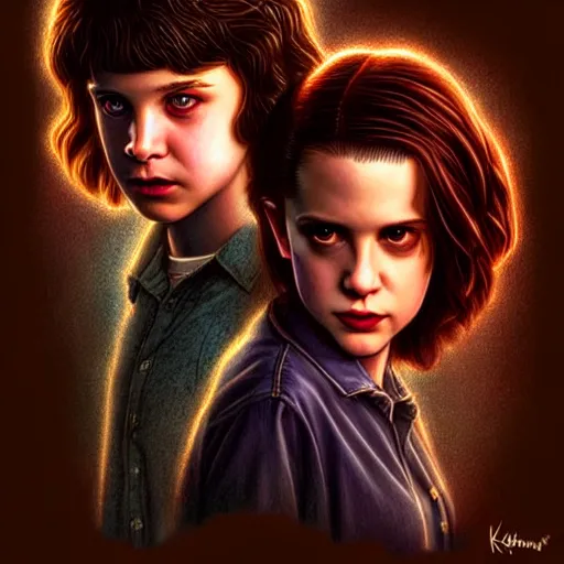 Prompt: Twilight version of Stranger Things, Portrait of Edward and Bella, diffuse lighting, fantasy, intricate, elegant, highly detailed, lifelike, photorealistic, digital painting, artstation, illustration, concept art, smooth, sharp focus, art by Krenz Cushart