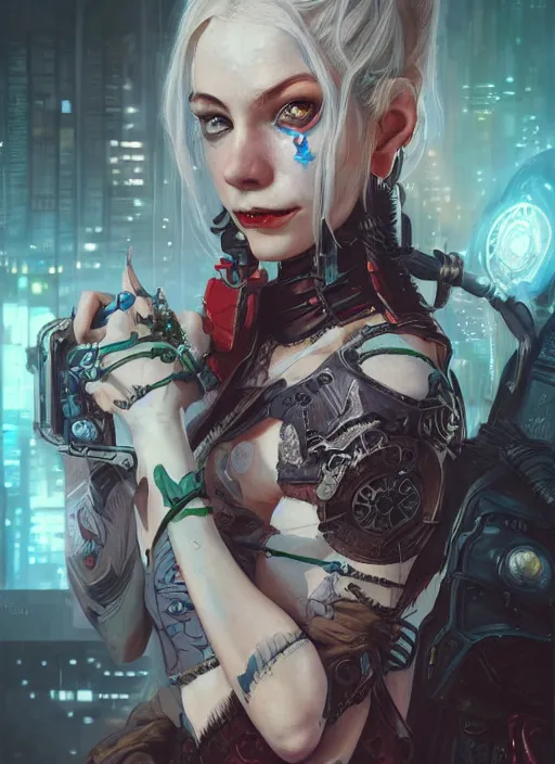 Image similar to a beautiful illustration of cyberpunk elven harley quinn, intricate, sharp focus, illustration, highly detailed, digital painting, concept art, matte, art by wlop and artgerm and greg rutkowski and alphonse mucha, masterpiece