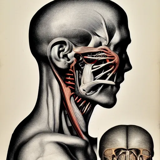 Image similar to head anatomical atlas dissection center cut, lithography on paper conceptual figurative ( post - morden ) monumental dynamic soft shadow portrait drawn by hogarth and escher, inspired by goya, illusion surreal art, highly conceptual figurative art, intricate detailed illustration, controversial poster art, polish poster art, geometrical drawings, no blur