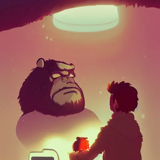 Image similar to a caveman using an iphone while a wooley mammoth and sabertooth tiger look over his shoulder at the glowing screen, ambient lighting, 4k, lois van baarle, ilya kuvshinov, rossdraws, artstation