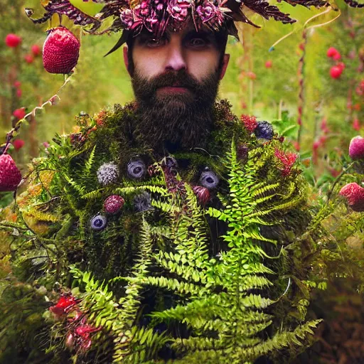 Image similar to a male knight with beard, stern face, clear eyes, shining armour made of steel, and fractal flowery hair in a fractal garden, glowing delicate flower, berries and ferns that grow in a dark fantasy forest, full frame,